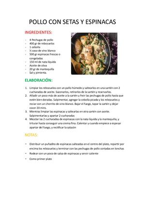Pollo Con Setas Y Espinacas