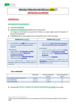 Tasas Matricula Libre 2020