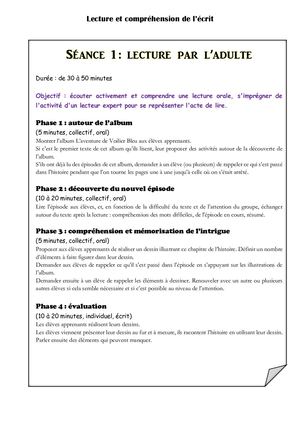 Fiche De Séquence Lecture Compréhension Pour Construire Une Représentation De L'acte De Lire (4 Ph)