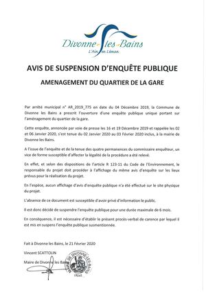 Avis de suspension enquête publique quartier de la Gare