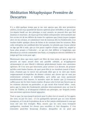 Méditations Métaphysiques 1 de Descartes