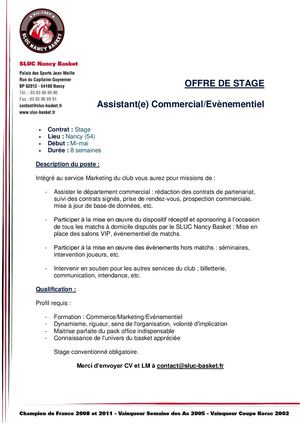 Offre De Stage SLUC Nancy Basket