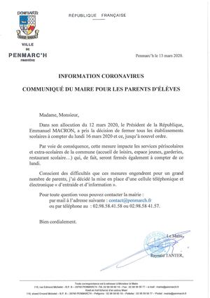 Coronavirus - Communiqué de la mairie - Informations aux parents d'élèves