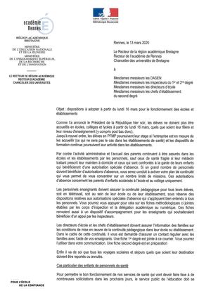 Coronavirus - Communiqué Académie de Rennes