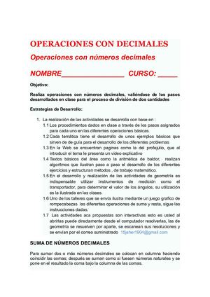 Operaciones Con Decimales Matematicas Sexto
