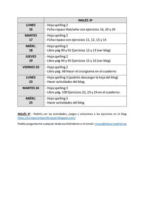 Temporalización Inglés 3º