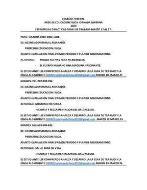 Colegio Toberin Guia # 1 1001 1002 1003 Edu Fisica 2020
