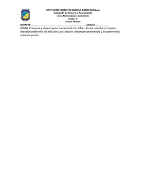 Evaluación De Matemáticas Periodo 1 Grado 2° 2020