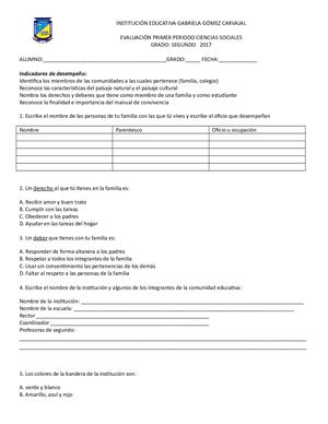 Evaluación Sociales Periodo 1° Grado 2° 2020