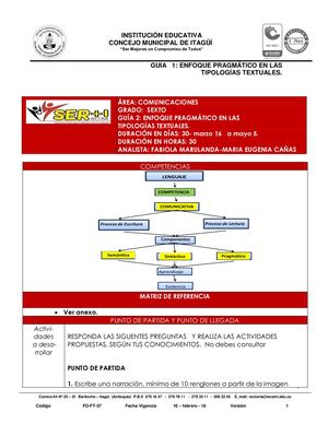 COMUNICACION 6° - GUÍA 2  -ENFOQUE PRAGMÁTICO EN LAS DIFERENTES TIPOLOGÍAS TEXTUALES