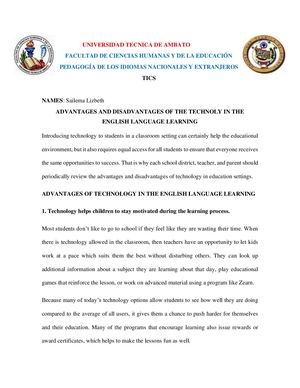 Advantages and Disadvantages of the use of Technology in the English Learning