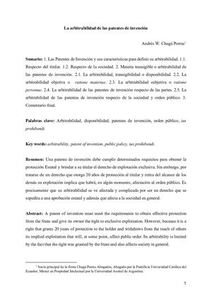 La Arbitrabilidad De Las Patentes De Invención Artículo 2019 Andrés Chugá Porras