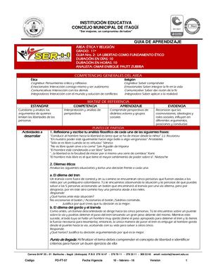 ETICA Y RELIGION 11° Guía 2 La Libertad Como Fundamento Etico