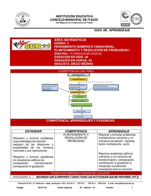 MATEMATICAS 4° GUIA N°1 Resolución De Problemas I 2020
