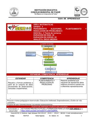 MATEMATICAS 4° GUIA N°2 Resolución De Problemas II