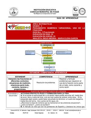 MATEMATICAS 4° GUIA N°3 Uso De La Fracción