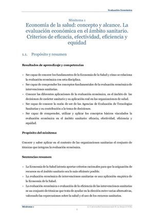 Minitema 1 Economía De La Salud Concepto Y Alcance La Evaluación Económica En El áMbito Sanitario Criterios De Eficacia, Efectividad, Eficiencia Y Equidad