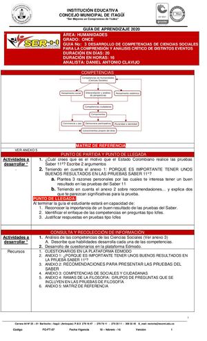 HUMANIDADES 11° GUIA N°3 DESARROLLO DE COMPETENCIAS DE CIENCIAS SOCIALES PARA LA COMPRENSIÓN Y ANÁLISIS CRÍTICO DE DISTINTOS EVENTOS