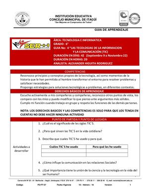 TECNOLOGIA 6° GUIA # 4 - LAS TIC