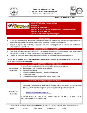 TECNOLOGIA 7° Guia 4 - Excel Basico