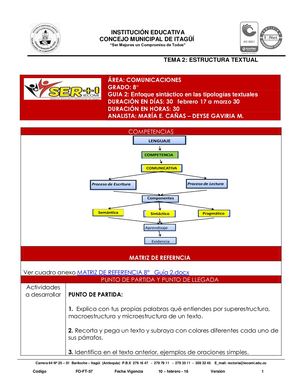 COMUNICACIONES 8° GUÍA N°2  Enfoque Sintáctico En Las Tipologías Textuales