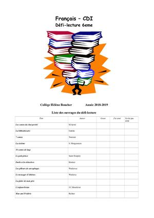 Présentation Défi Lecture 6e 2018 2019