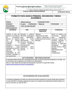 4° Irina Arrieta MATEMATICA Plan De Trabajo