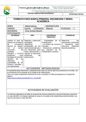 5° Irina Arrieta MATEMATICA  Plan De Trabajo