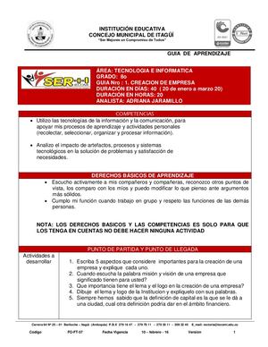 TECNOLOGÍA 8° GUIA N°1 CREACION DE EMPRESA