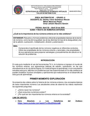 Area Matematicas Grado 6° Guia No 1