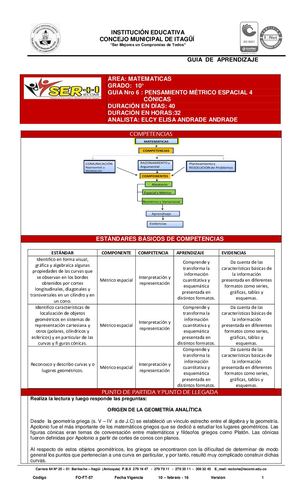 MATEMATICAS 10º GUIA Nº6 PENSAMIENTO MÉTRICO ESPACIAL 4 CÓNICAS