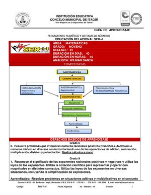 MATEMATICAS 9ª Guía Nº1 PENSAMIENTO NUMÉRICO Y SISTEMAS DE NÚMEROS
