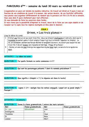 Parcours 6ème Semaine Du 30 Mars Au 3 Avril