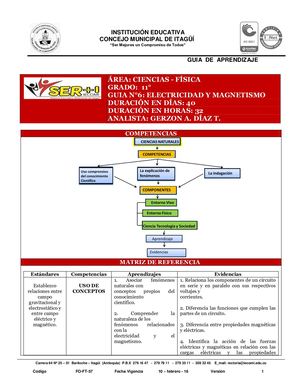FÍSICA 11º GUIA Nº 6 ELECTRICIDAD Y MAGNETISMO