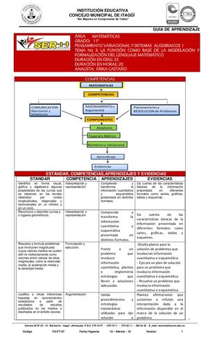 MATEMATICAS 11° GUIA N°3 LA FUNCIÓN COMO BASE DE LA MODELACIÓN Y FLM