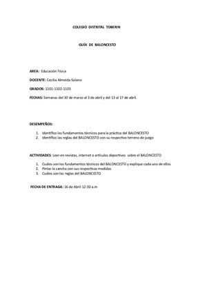 Colegio Distrital Toberin Guia De Trabajo Semana 30 Al 17 De 11