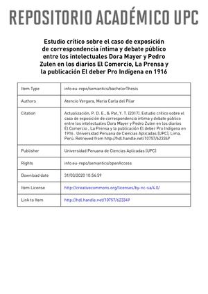 Estudio crítico sobre el caso de exposición de correspondencia íntima y debate público entre los intelectuales Dora Mayer y Pedro Zulen en los diarios El Comercio, La Prensa y la publicación El deber Pro Indígena en 1916