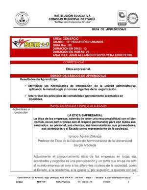 COMERCIO 10° RECURSOS GUIA N°3  ETICA EMPRESARIAL