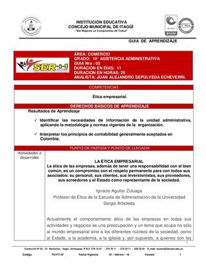 COMERCIO 10° ASISTENCIA ADMINISTRATIVA GUIA N°3 ETICA EMPRESARIAL