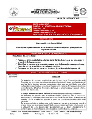 COMERCIO 10° ASISTENCIA ADMINISTRATIVA GUIA N°5 INTRODUCCIÓN A LA CONTABILIDAD