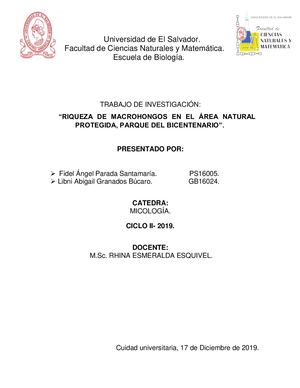 RIQUEZA DE MACROHONGOS EN EL ÁREA NATURAL PROTEGIDA, PARQUE DEL BICENTENARIO