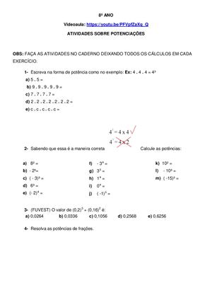 8º Anos Atividades Sobre Potenciações