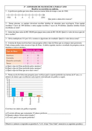 Atividade De Matemática, Parte 2, 6 Ano