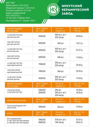 Прайс Иркутский Керамический Завод