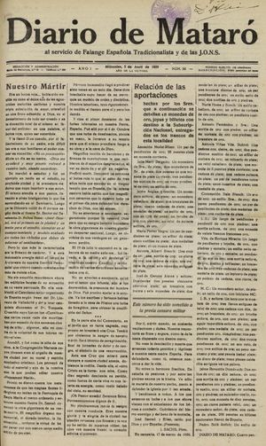 Diario de Mataró al Servicio de Falange Española y de las JON - 1939