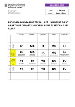 Horaris de treball 3r trimestre 2020