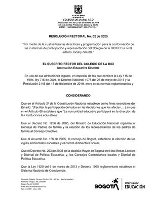 Resolución 02-2020 Gobierno Escolar