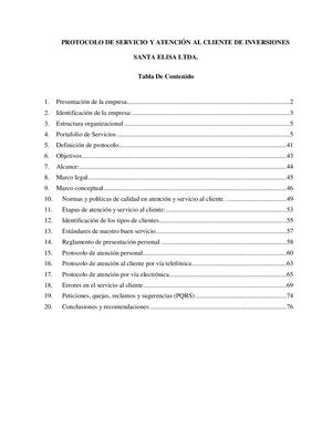 Protocolo De Servicio Y Atención Al Cliente De Inversiones Santa Elisa Ltda