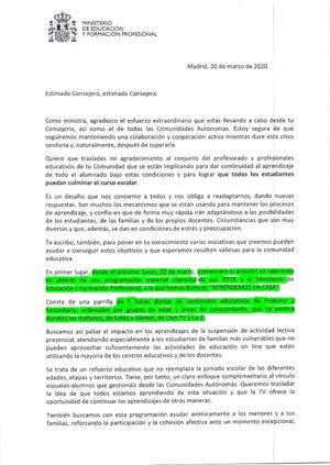 Carta de la Ministra