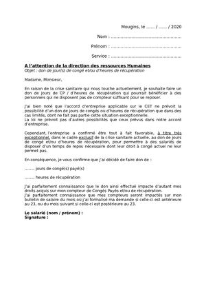 Modèle Courrier Don De Jours Cp & Heures De Repos Crise Sanitaire 2020